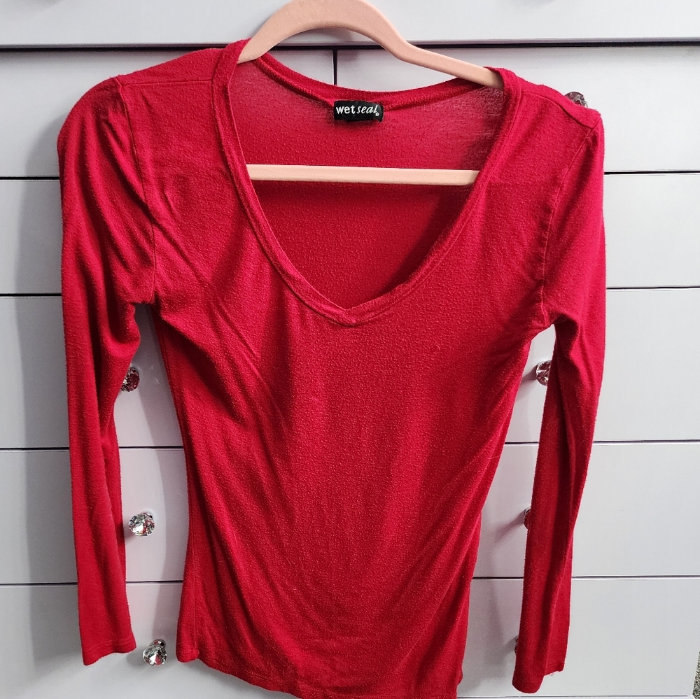 Wet Seal Size Small Red Long Sleeve V-Neck